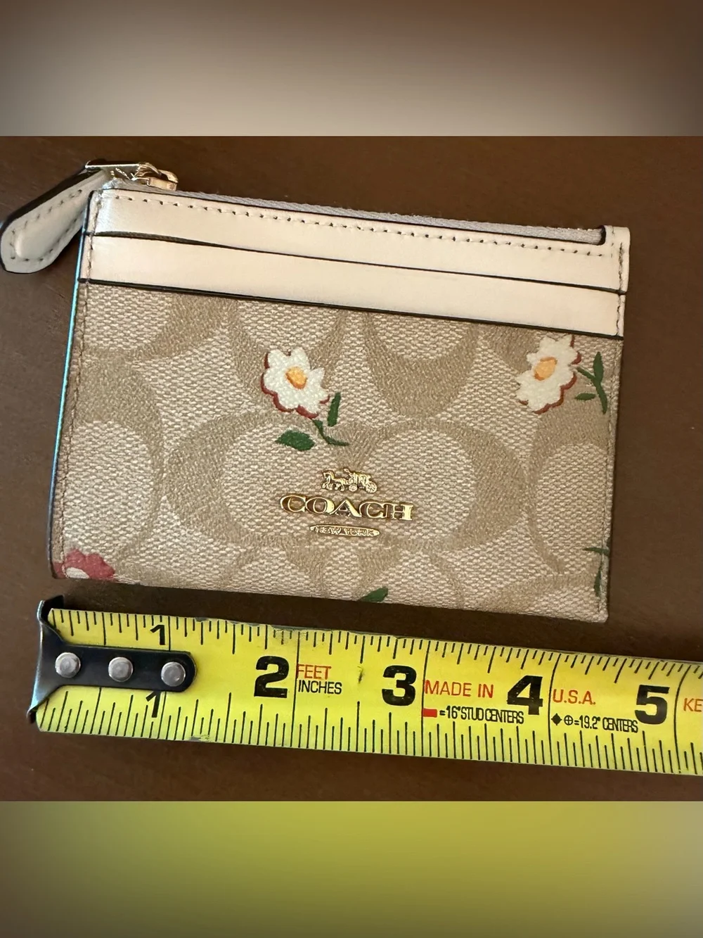 Coach Beige Floral Signature Zip Card Case Keyring with Chalk Trim